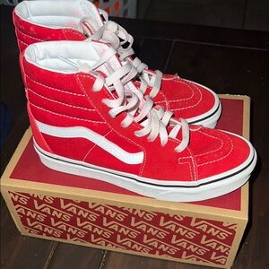 Vans Red and White High-Top Sneakers